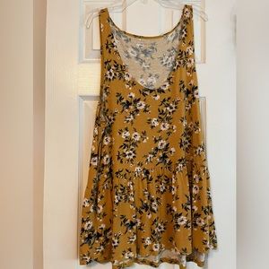 Yellow/orange long shirt with white flowers and green leaves, American Eagle, L